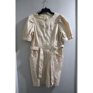 Anthropologie‎ Dress Tan Utility Style Short Sleeve Puff Sleeves Pockets Size 12